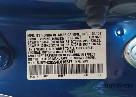 2004 Honda Element Ex z USA, uszkodzony, nr VIN 5J6YH28554L016247
